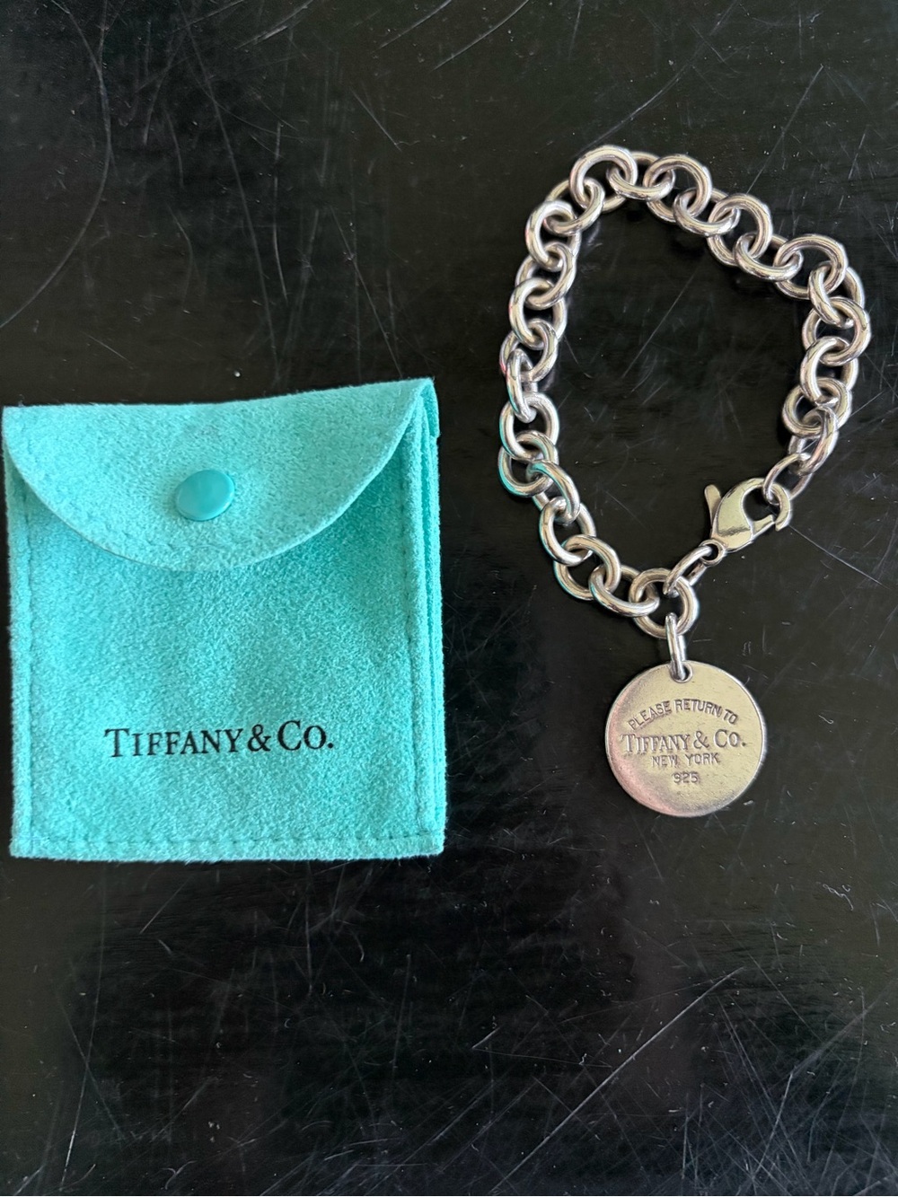 Tiffany & Co. Silver Link Bracelet with Round Tag and Blue Pouch